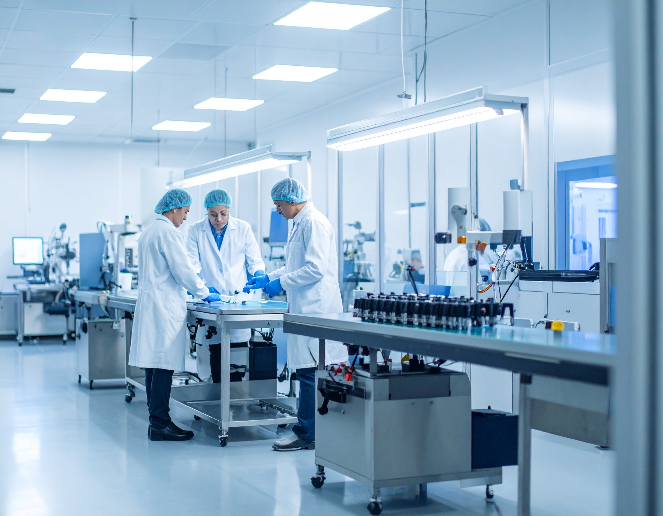 Scientists in white lab coats, gloves, and hairnets working together in a clean laboratory environment with advanced equipment.