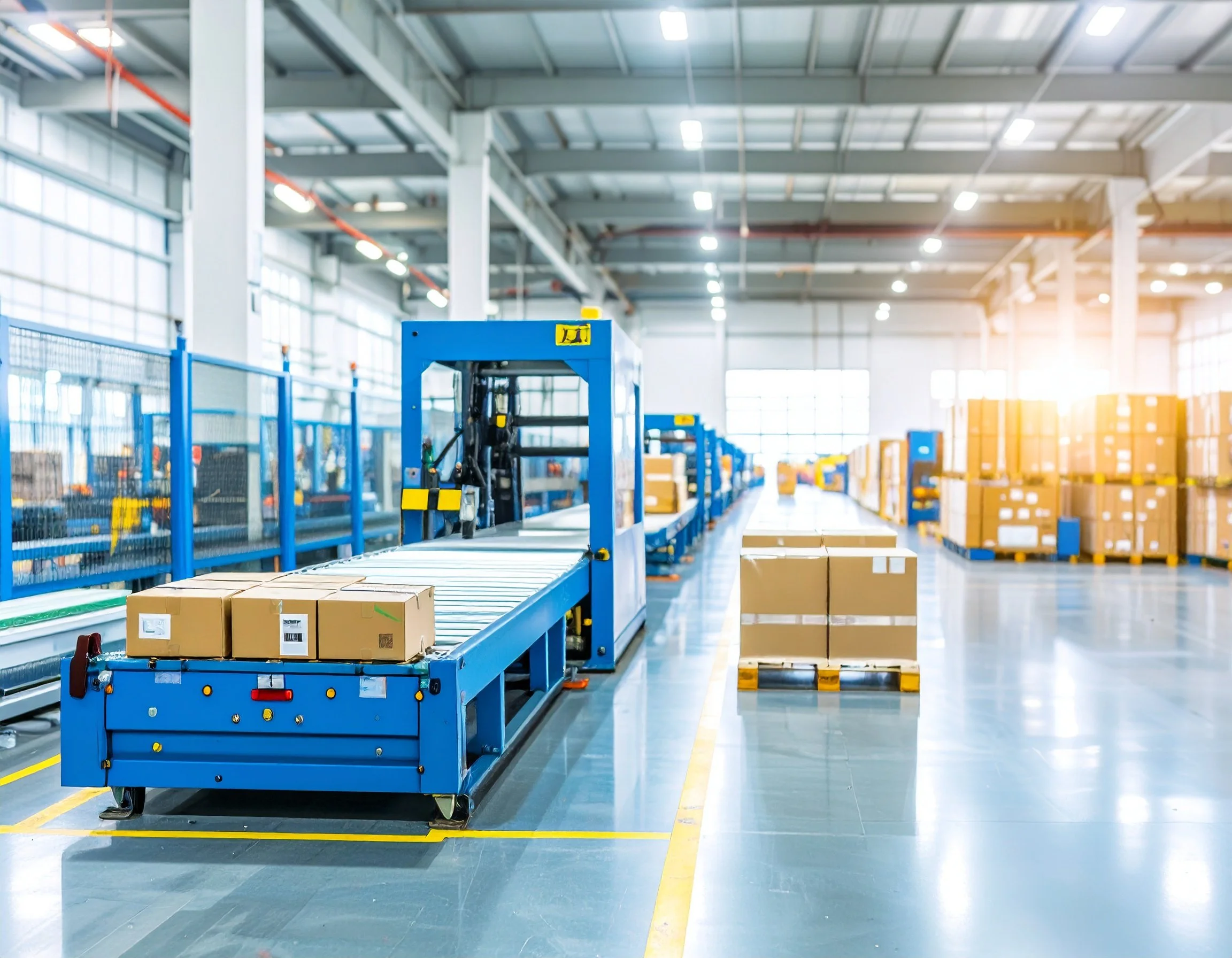 Inside a modern warehouse with a blue conveyor belt transporting boxes, stacks of cardboard boxes on pallets, and sunlight streaming through large windows.