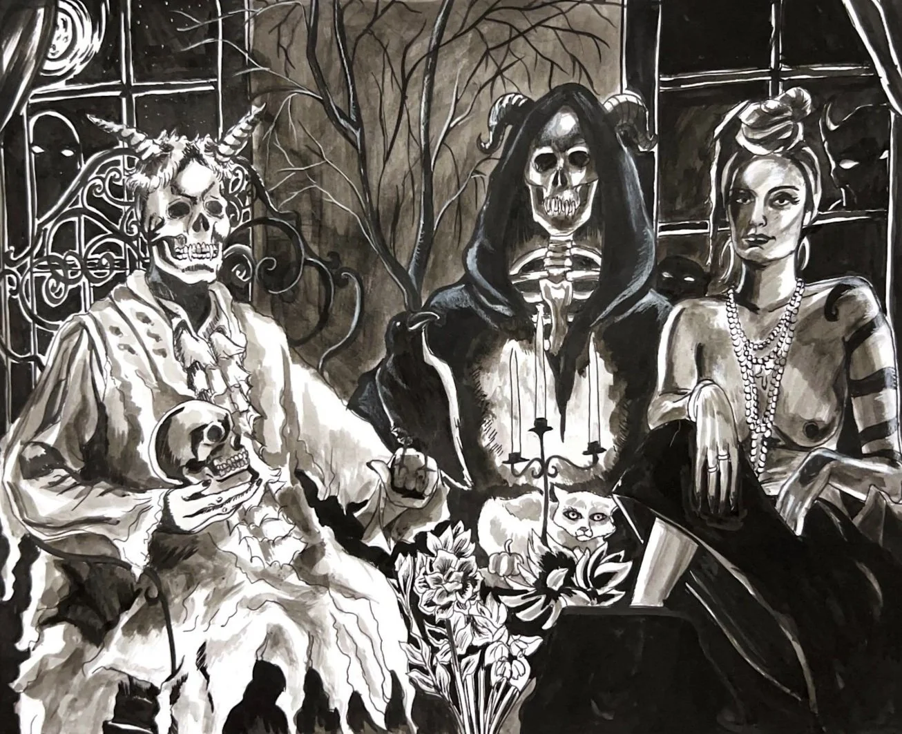 A Grim Gathering
Pen and Ink on mixed media paper
2022