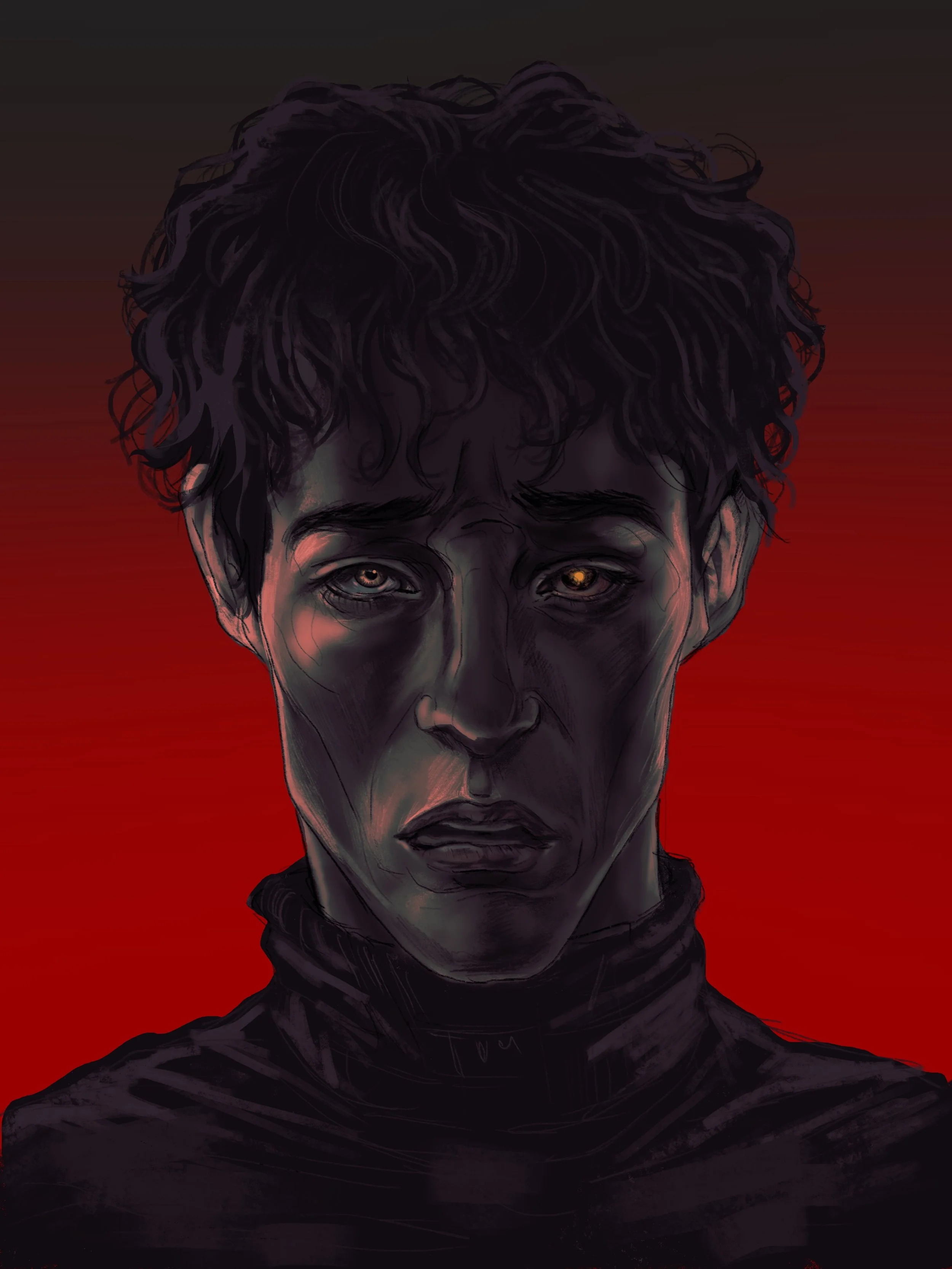 This is Ezekiel, the protagonist of the story. This portrait reveals his tormented and drained expression. The right eye glows with the fire from the hell that torments him inside. 