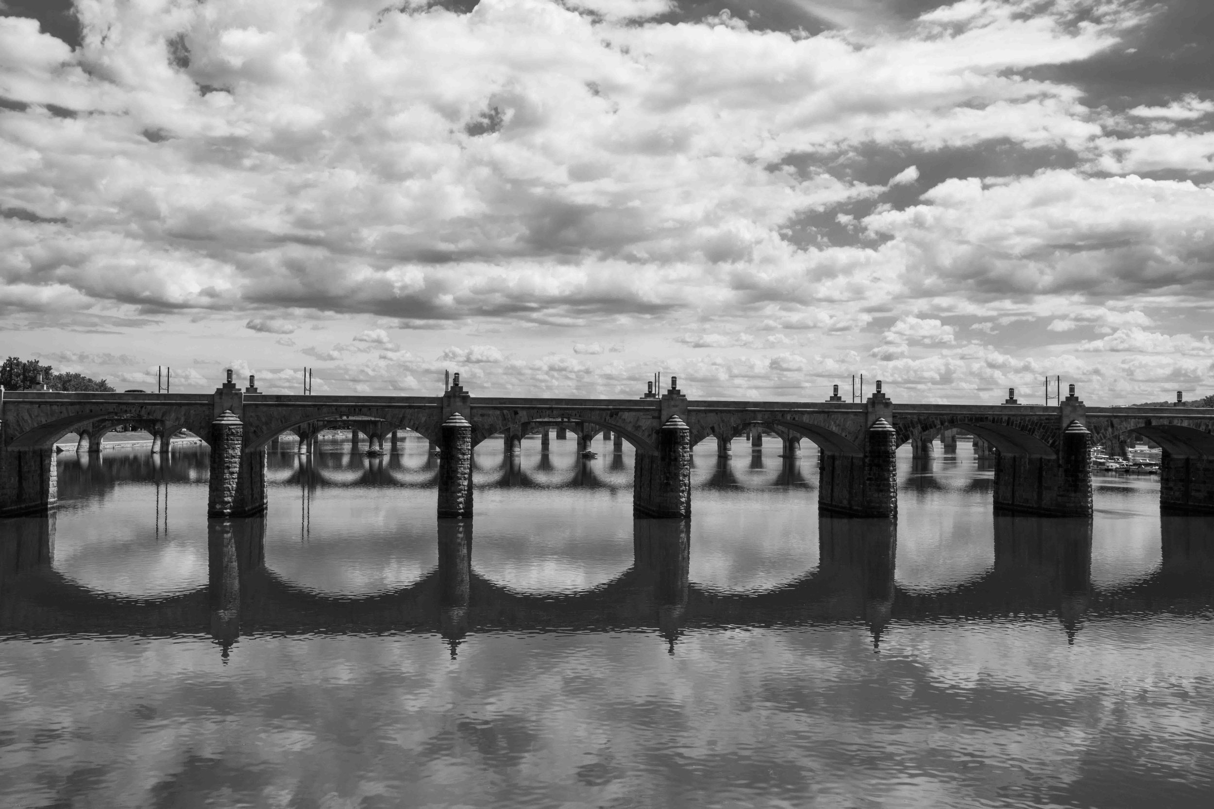 Reflected Bridges over Susquehanna from Mid Area of  Footbridge (black and white)