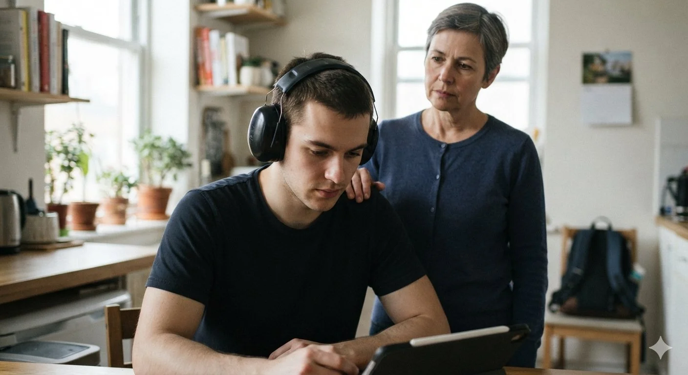 A young man wearing noise-reducing headphones focuses on his tablet while his mother stands beside him with a hand on his shoulder