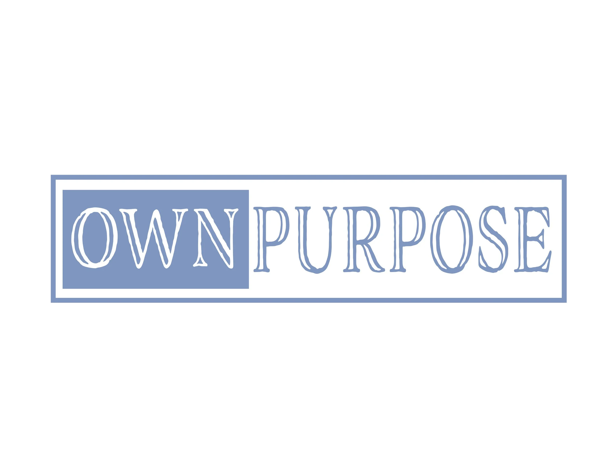 Logo with the words "OWN PURPOSE" in blue, stylized font, with a blue rectangle accent behind the word "OWN"
