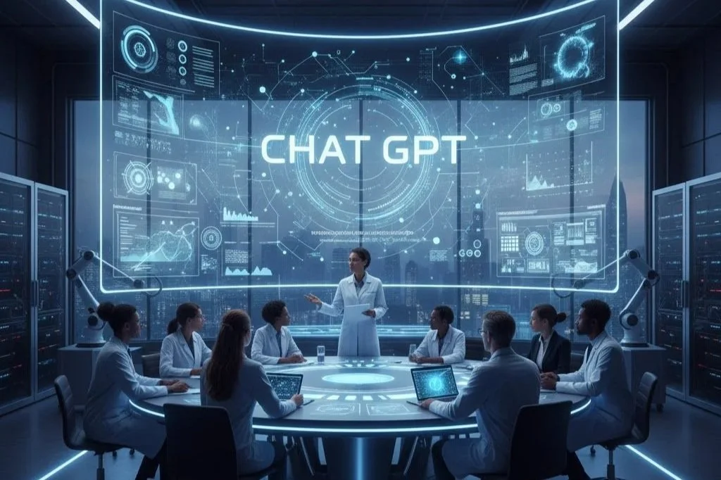 Formation IA. Une salle de conférence futuriste avec des médecins en réunion, un grand écran affichant 'Chat GPT' et des graphiques technologiques avancés dans un environnement high-tech. Formation Intelligence artificielle.