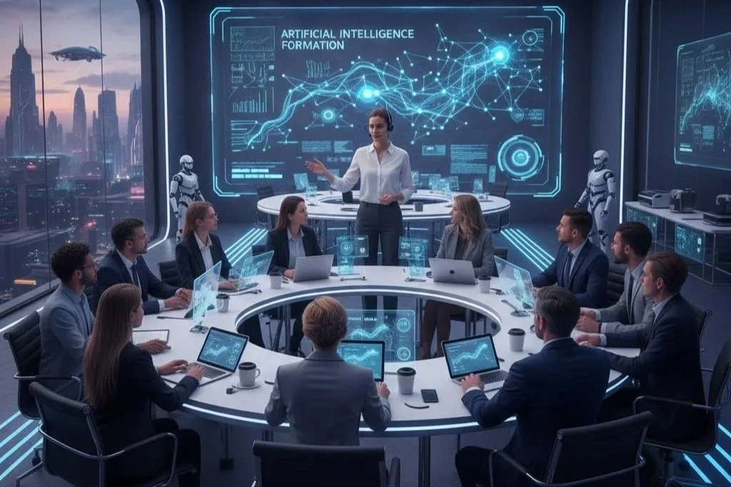 Formation IA. Réunion d'entreprise avec une présentation sur l'intelligence artificielle virtuelle, plusieurs personnes autour d'une table avec des ordinateurs portables, dans une salle futuriste avec écrans holographiques et robots assistants.