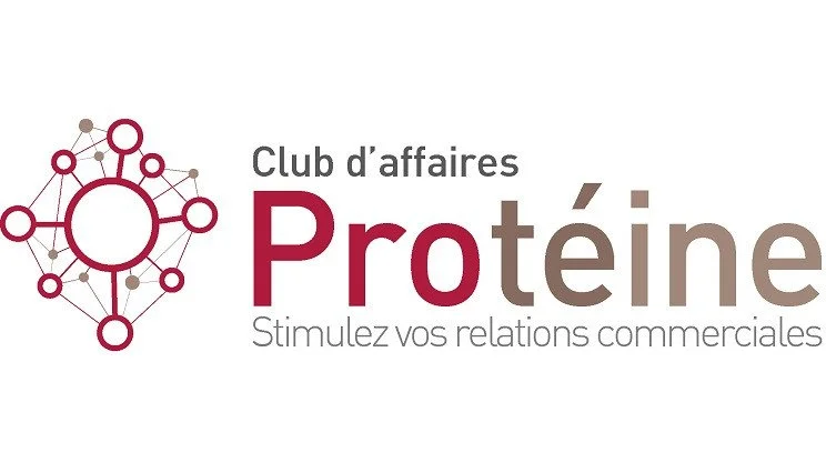 Logo du club d'affaires Protéine avec un diagramme connecté à gauche et le texte 'Club d'affaires Protéine Stimulez vos relations commerciales' à droite.