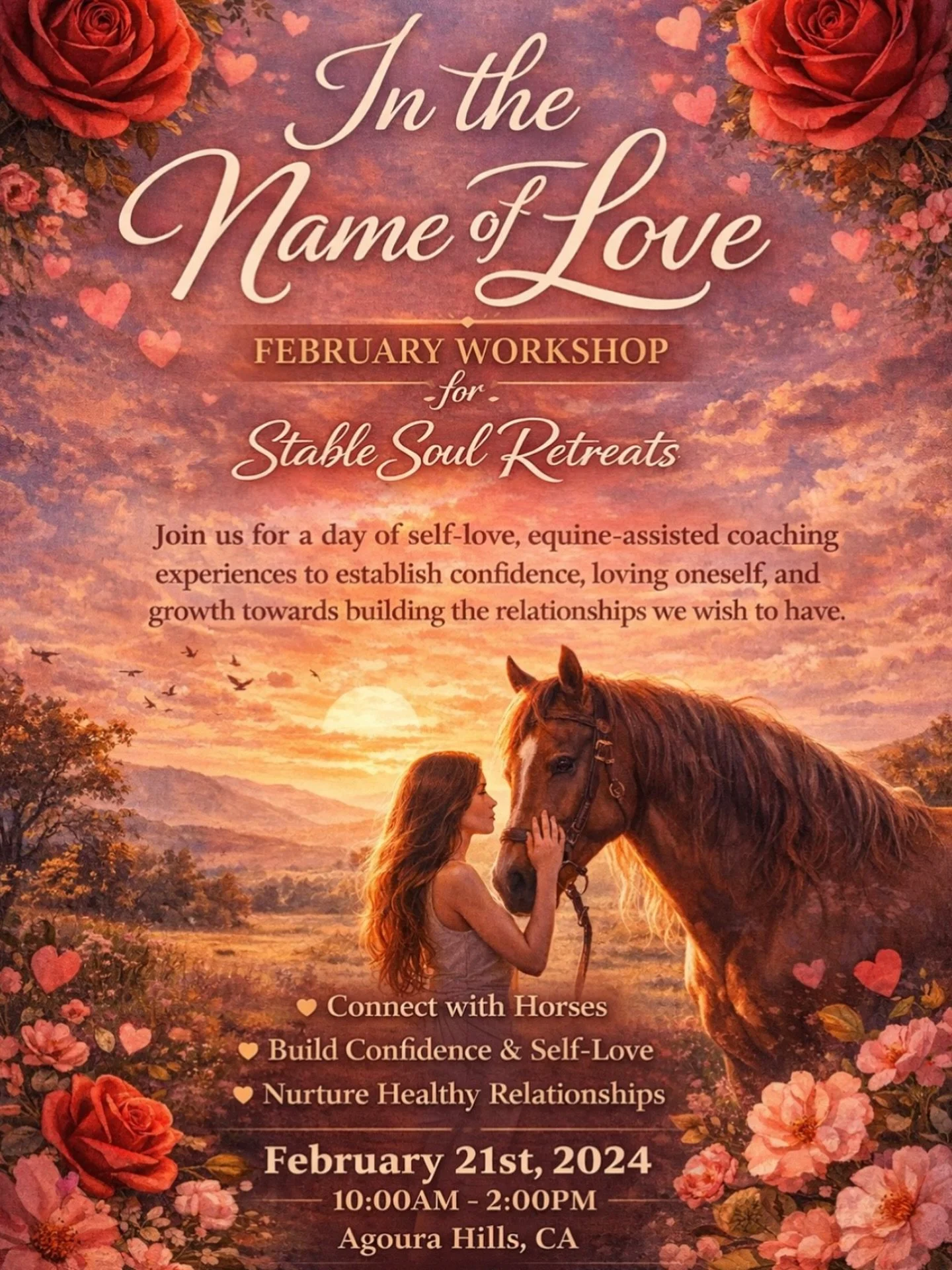 In the Name of Love is a transformative equine-assisted workshop focused on self-love, confidence, and personal growth. Through guided coaching experiences with horses, participants are invited to deepen self-awareness, strengthen inner trust, and cu