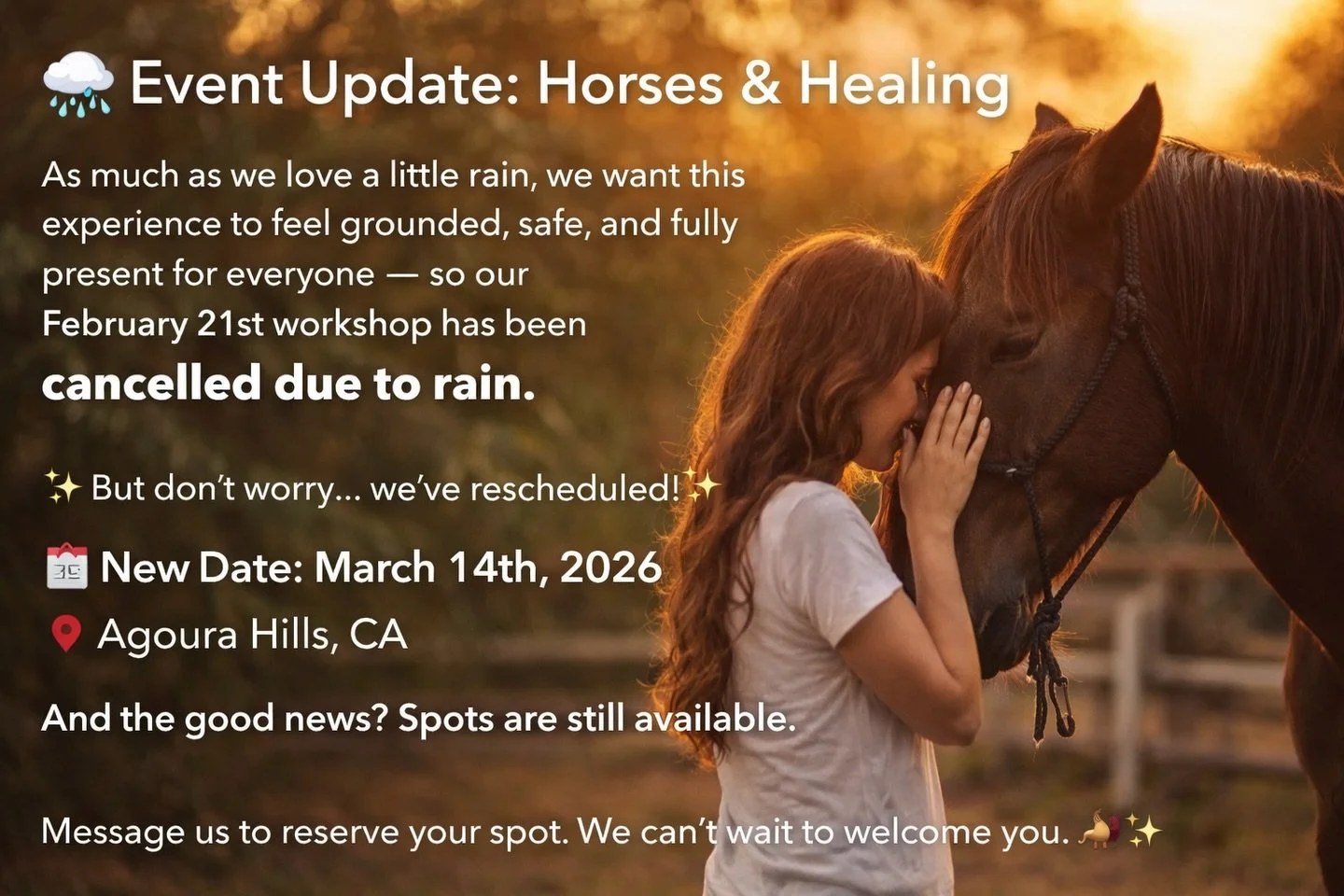 As much as we love a little rain, we want this experience to feel grounded, safe, and fully present for everyone &mdash; so our February 21st workshop has been cancelled due to rain.

✨ But don&rsquo;t worry&hellip; we&rsquo;ve rescheduled! ✨
📅 New 