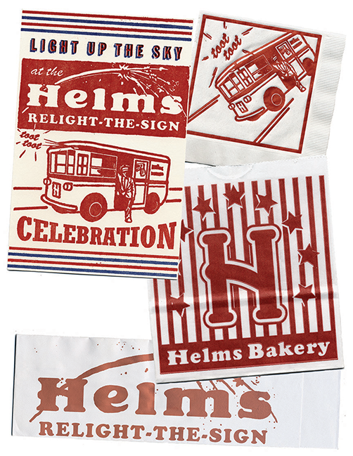 1/8 For the Helms Bakery "Light up the sign" event. Invitation, napkin, popcorn bag and paper hat.
