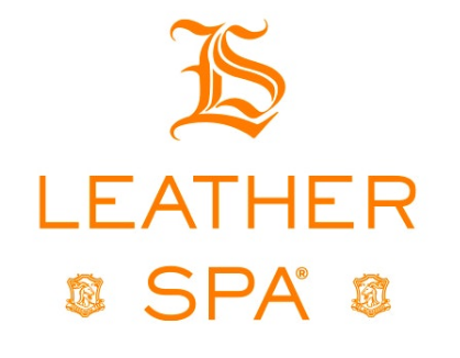 Logo of Leather Spa with a stylized letter 'L' at the top, the words 'LEATHER' and 'SPA' in orange text, and two small seal icons.