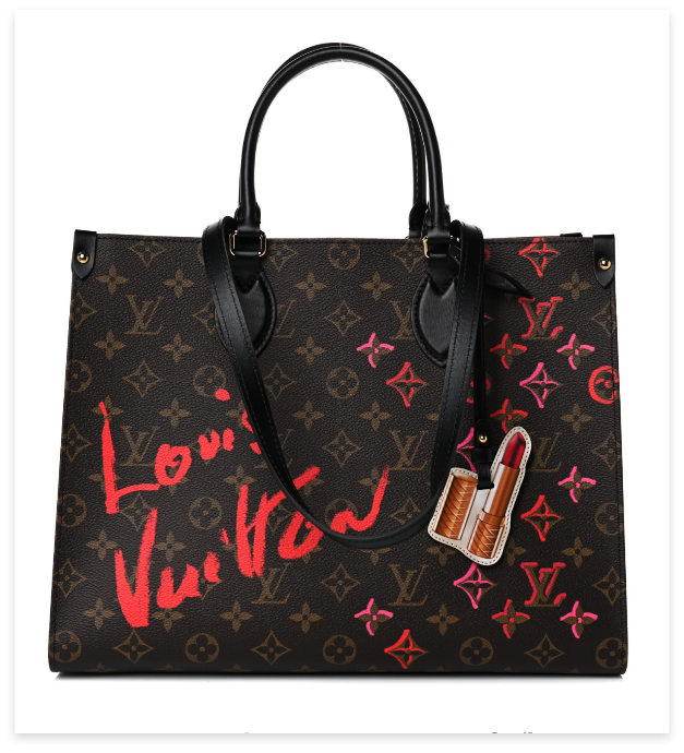 Black Louis Vuitton handbag with red lipstick lipstick and pink lipstick markings and the words "Love Louis Vuitton" written in red.