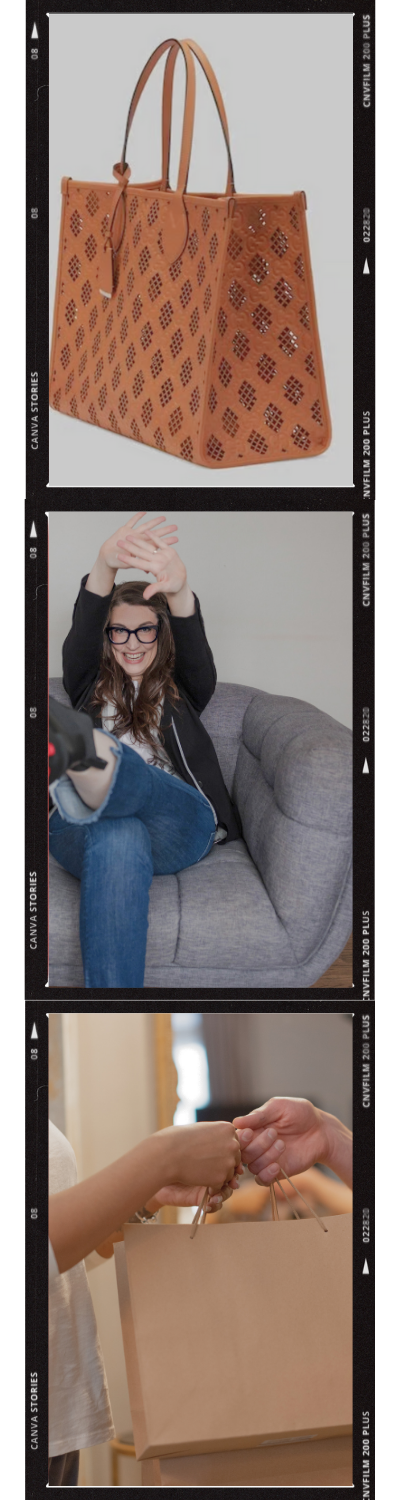Three images: a tan leather handbag with cutout patterns, a woman sitting on a gray couch taking a selfie while smiling and raising her hand, and two people exchanging a paper shopping bag.