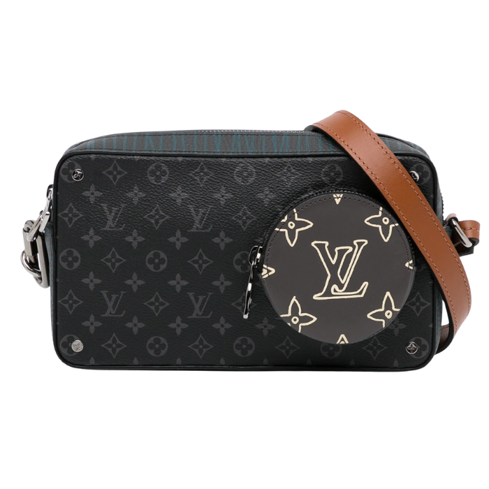 A Louis Vuitton shoulder bag with a black monogram canvas and a circular pouch with the LV logo and floral designs, featuring a brown leather strap.