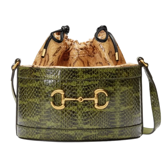 Green snakeskin handbag with a gold horsebit detail and a circular wooden interior lining.