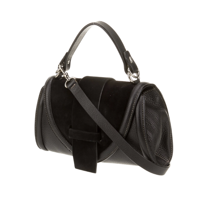 Black leather and fabric handbag with a short handle and a shoulder strap.