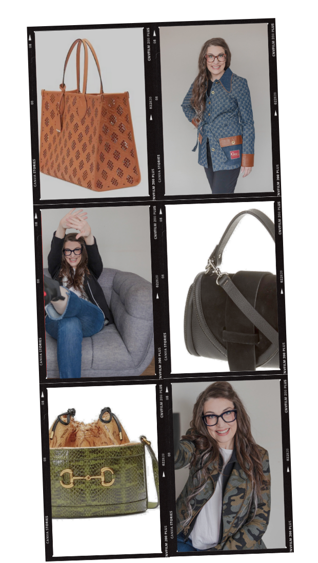 A collage of six images on a photo strip featuring two women, handbags, and casual outfits. The woman with long wavy hair and glasses appears in two photos, one sitting on a sofa and one taking a selfie. The handbags are various styles, including a brown perforated tote, a black structured handbag, and a green patterned purse with a fur lining. The women are dressed casually, one in a blue denim coat and the other in a camouflage jacket.