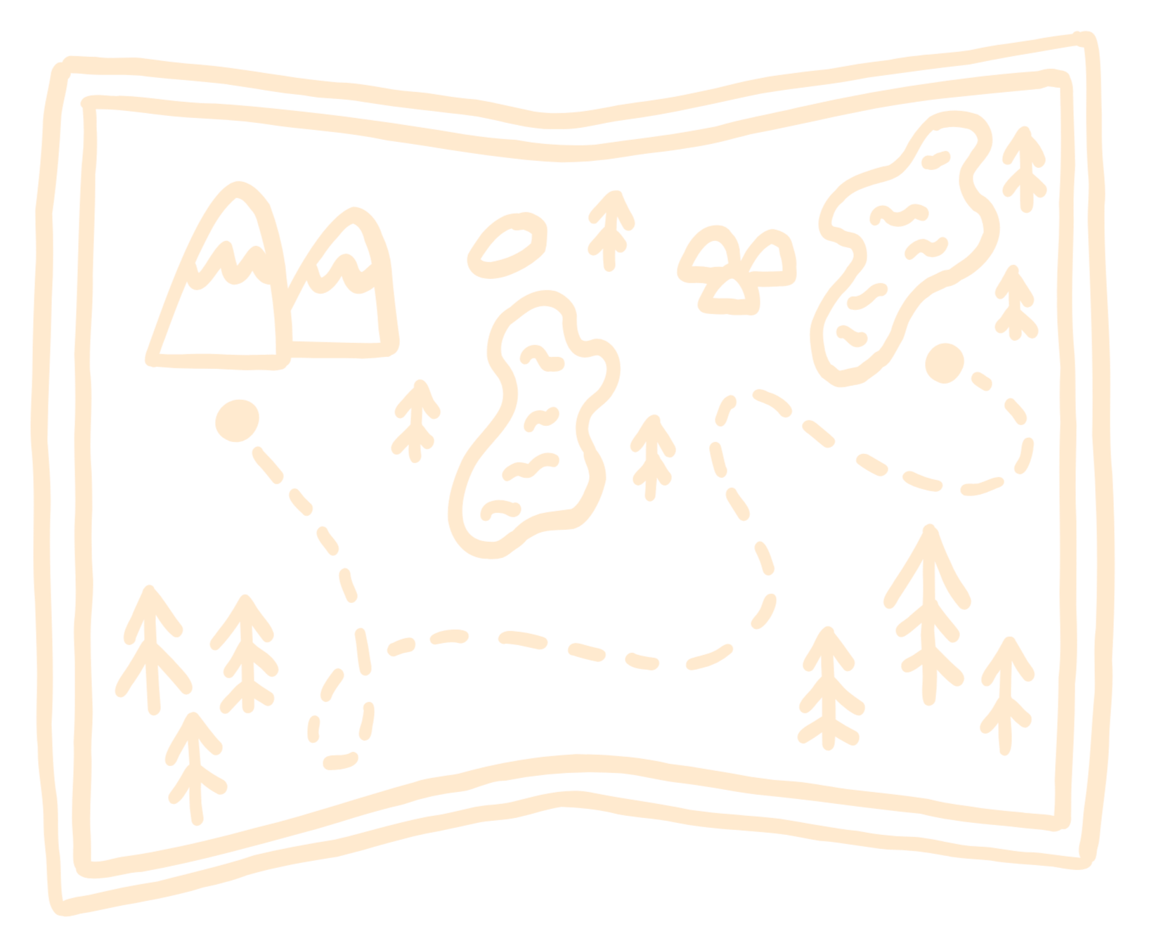 A hand-drawn treasure map with mountains, forests, a river, and marked paths.