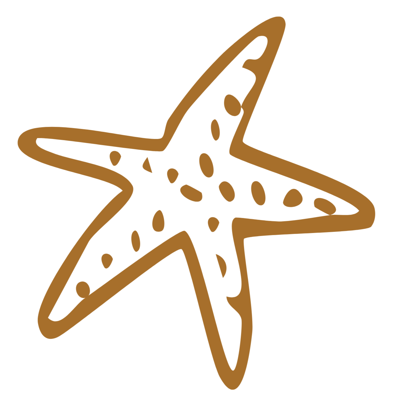 Brown outline of a starfish with dotted pattern on its arms, set against a black background.