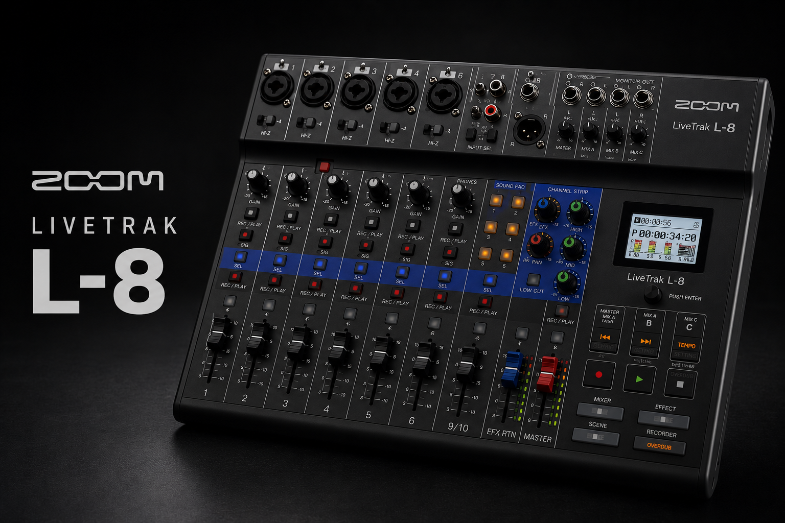 A Zoom LiveTrak L-8 audio mixer with various knobs, sliders, and input/output ports on a black background.