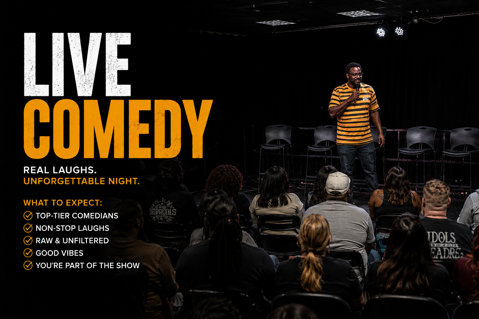 A stand-up comedy show with a male comedian on stage holding a microphone, audience seated in front, and a poster advertising the event on the wall behind reading 'Live Comedy' with details about the show.
