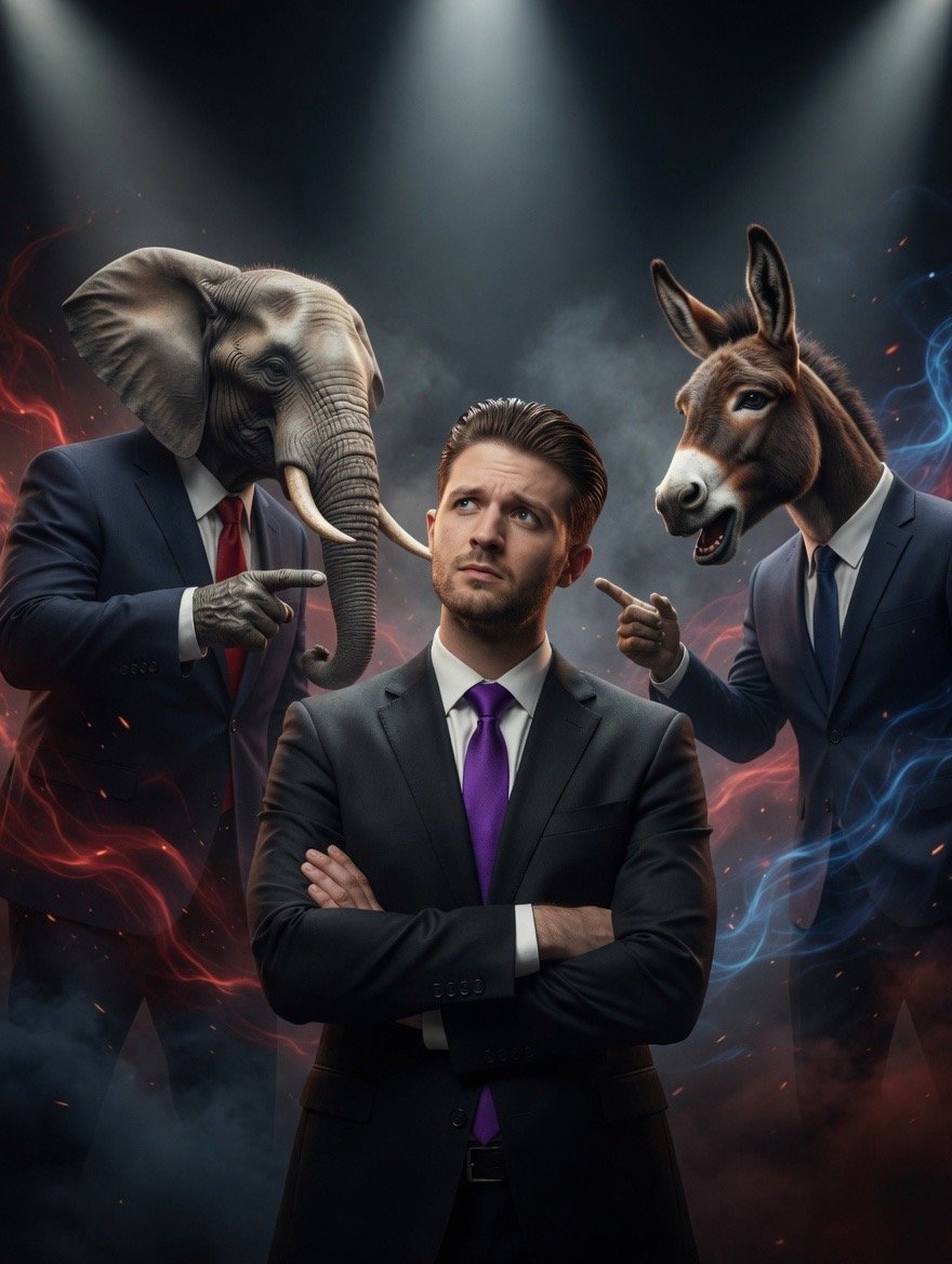 A man in a business suit with purple tie stands with arms crossed, looking thoughtful, flanked by a talking elephant in a suit and a talking donkey in a suit, both pointing at him, with a dark stormy background with red and blue lightning effects.
