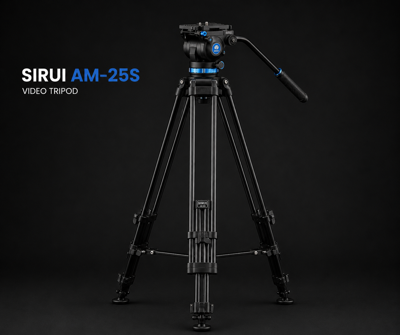A black video tripod with blue accents and extendable legs, against a black background, labeled as Sirui AM-25S.