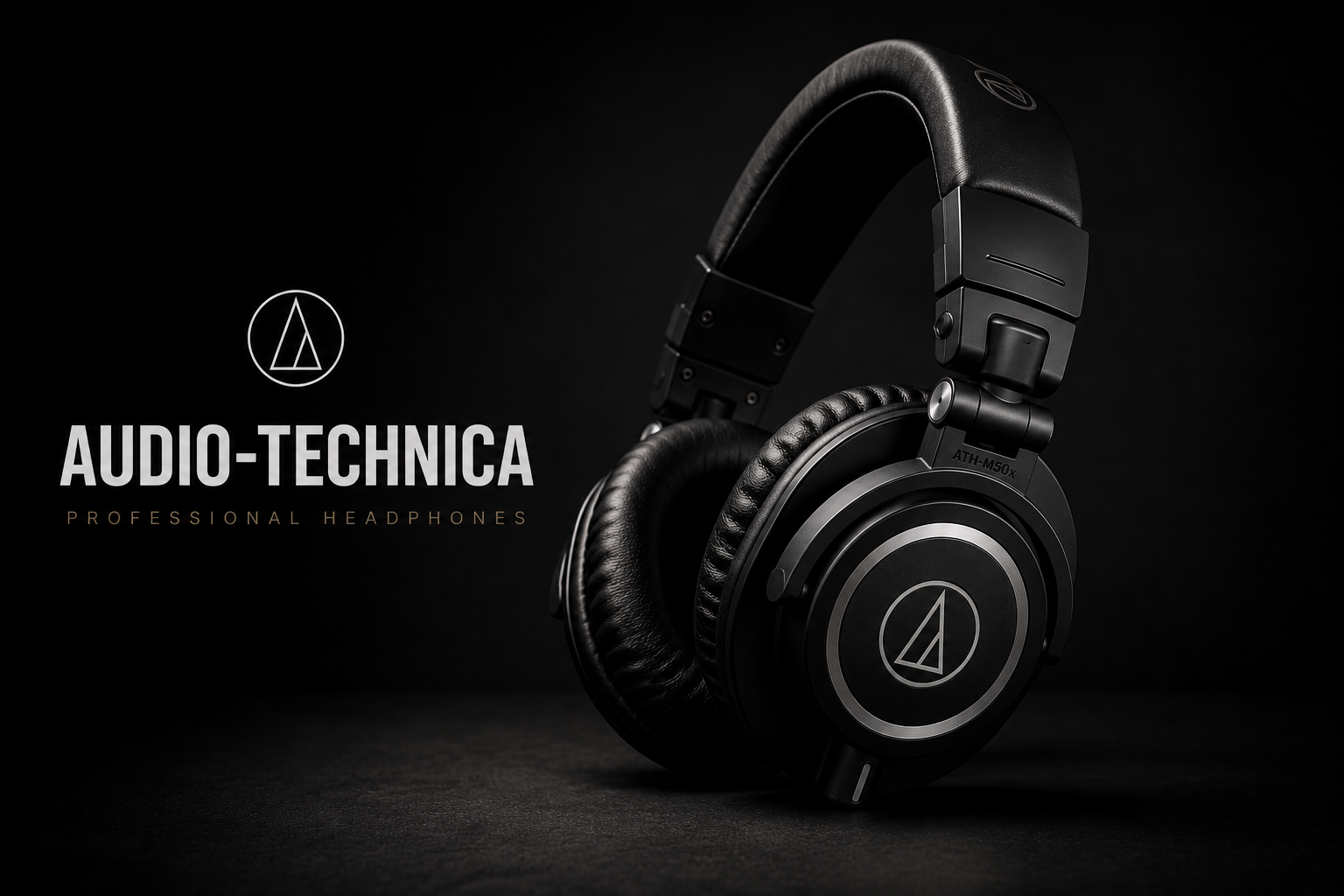 Black professional over-ear headphones with Audio-Technica logo, set against a dark background, accompanied by text reading 'AUDIO-TECHNICA PROFESSIONAL HEADPHONES'.