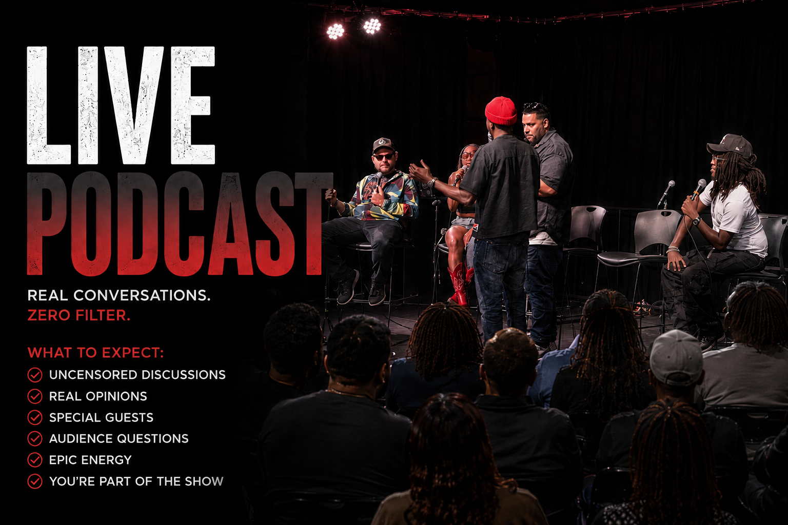 A live podcast recording event with a panel of five speakers on stage engaging with the audience. The stage has a black curtain backdrop, and the audience is seated facing the panel.
