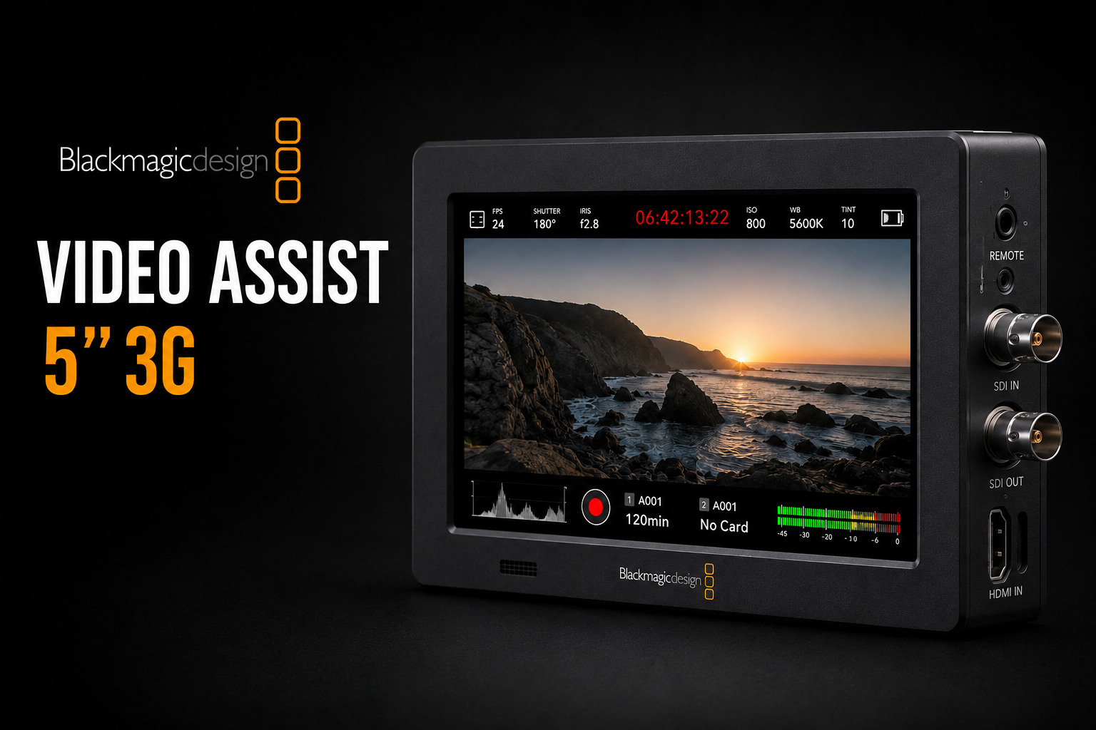 Blackmagic Design Video Assist 5-inch 3G monitor displaying a sunset over the ocean with various recording settings and controls visible.