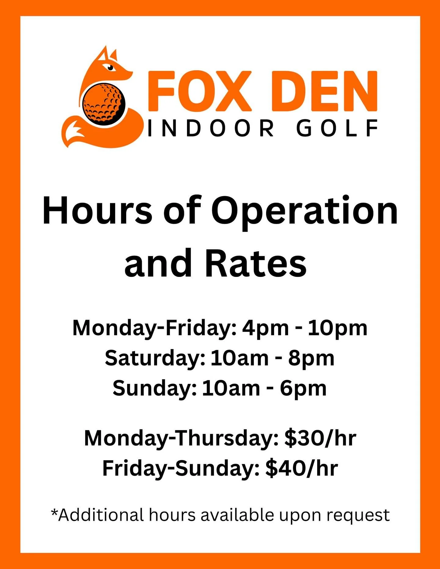 Updated hours, now opening at 4pm on weekdays*
Ready to play? Here&rsquo;s when you can swing by and what it&rsquo;ll cost:
⏰ Hours of operation:
Monday-Friday: 4pm-10pm
Saturday: 10am-8pm
Sunday: 10am-6pm
💵 Rates:
Monday-Thursday: $30/hr
Friday-Sun