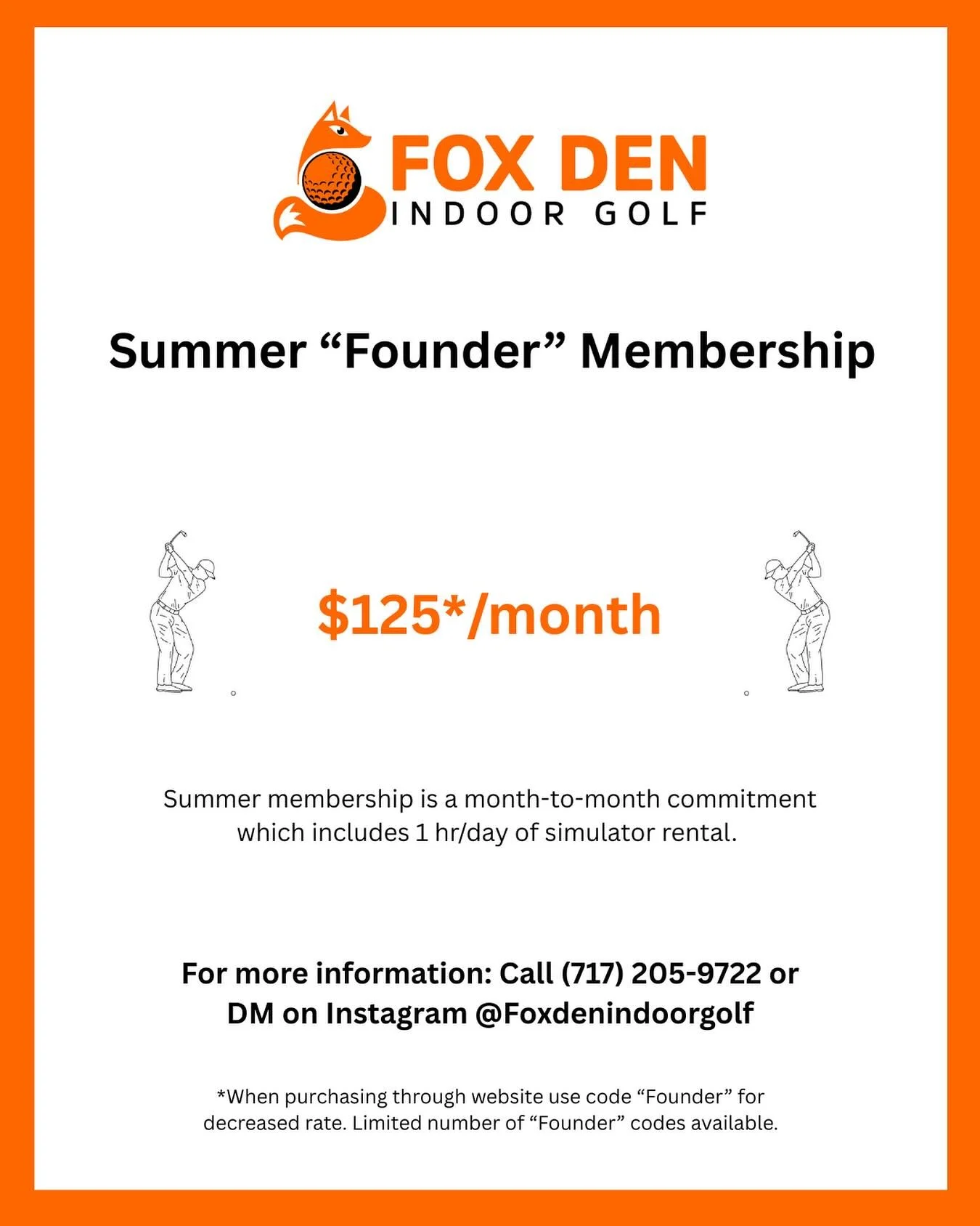Introducing our Summer &ldquo;Founder&rdquo; Membership!
Access to 1 hour of simulator time each day all summer long - perfect for practice, play, or just escaping the heat. 
A limited number of &ldquo;Founder&rdquo; memberships are available at a di