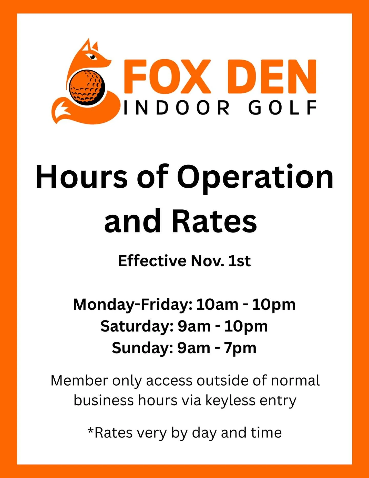 🍂 The weather&rsquo;s changing, and you know what that means &mdash; indoor golf season is here! ⛳️
Our hours are adjusting to match the season, so there&rsquo;s plenty of time to keep your game sharp no matter what it&rsquo;s like outside.

#foxden