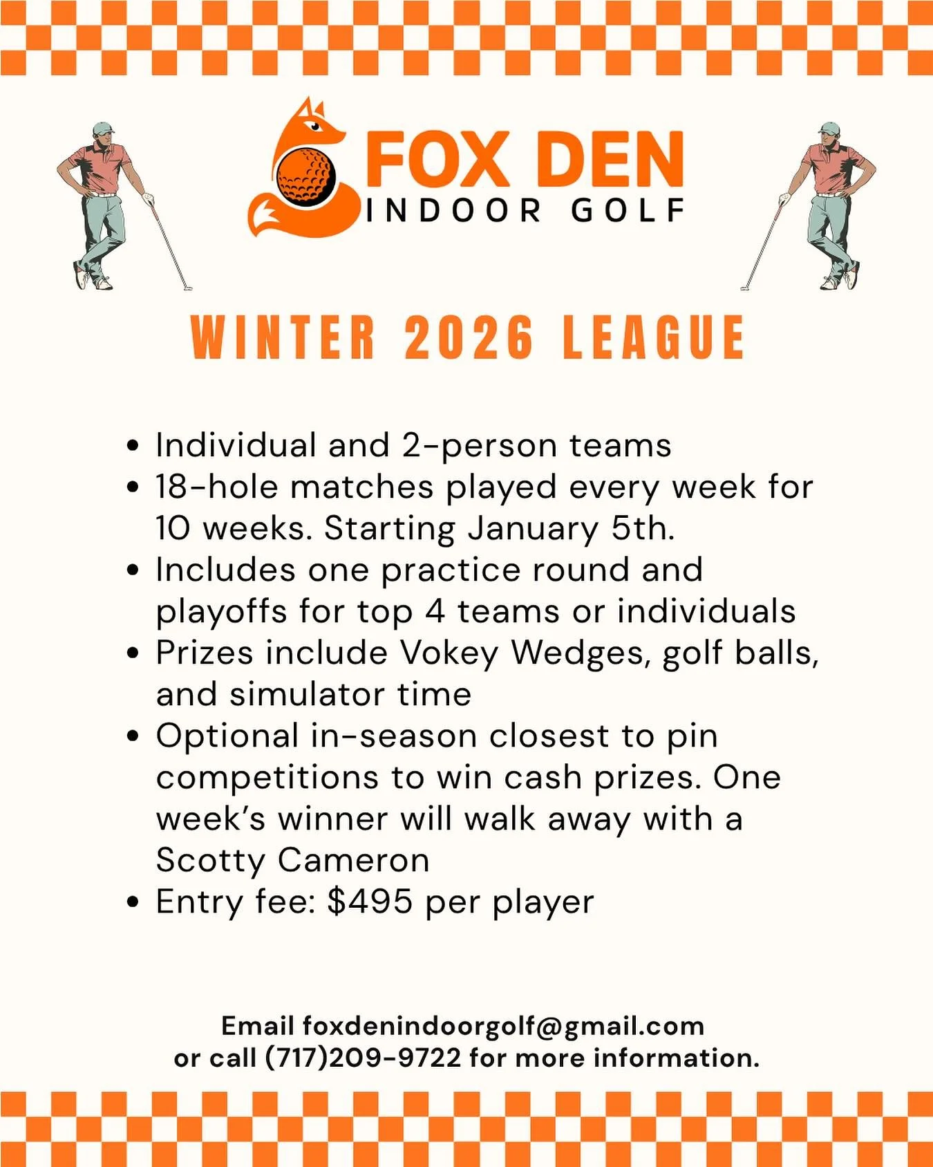 🏆❄️ Winter League at The Den is here!

Grab a partner or go solo &mdash; it&rsquo;s time to compete all winter long in our TrackMan Winter League!
Each week you&rsquo;ll play 18 holes at Fox Den, with:
🧍&zwj;♂️ Individual Division &mdash; 1 hour to