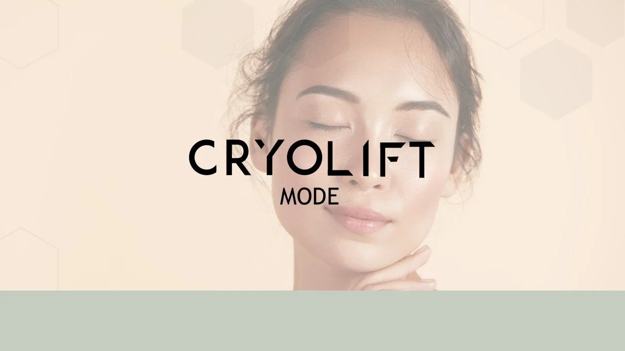 A woman with closed eyes and a calm expression, promoting Cryolift Mode skincare.