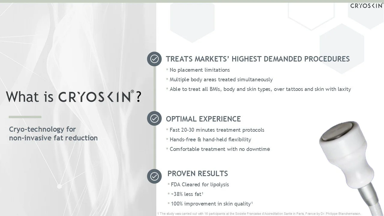 Infographic explaining Cryoskin technology for non-invasive fat reduction, highlighting procedures, experience, and proven results, with an image of a Cryoskin device.