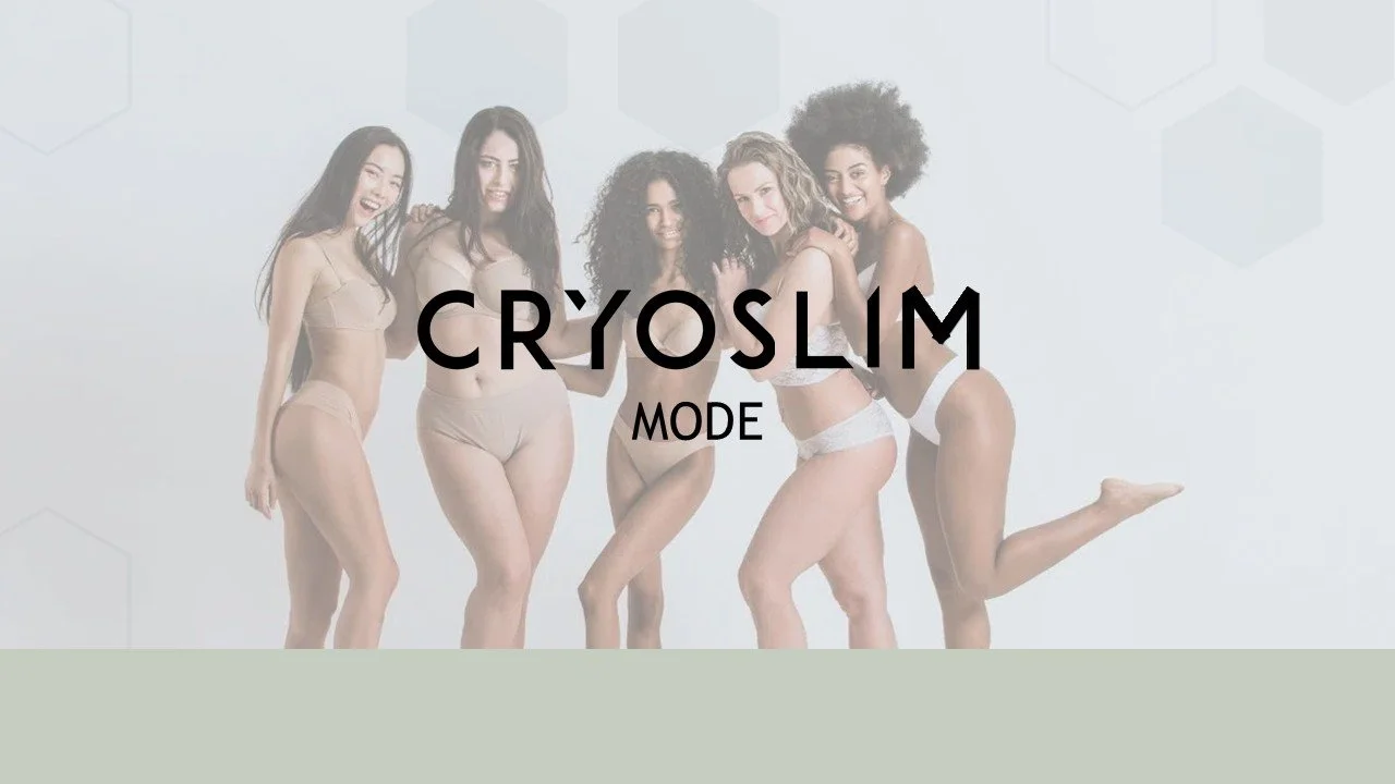 Five women in underwear posing together for a photo, with text 'Cryosllim Mode' overlaid.