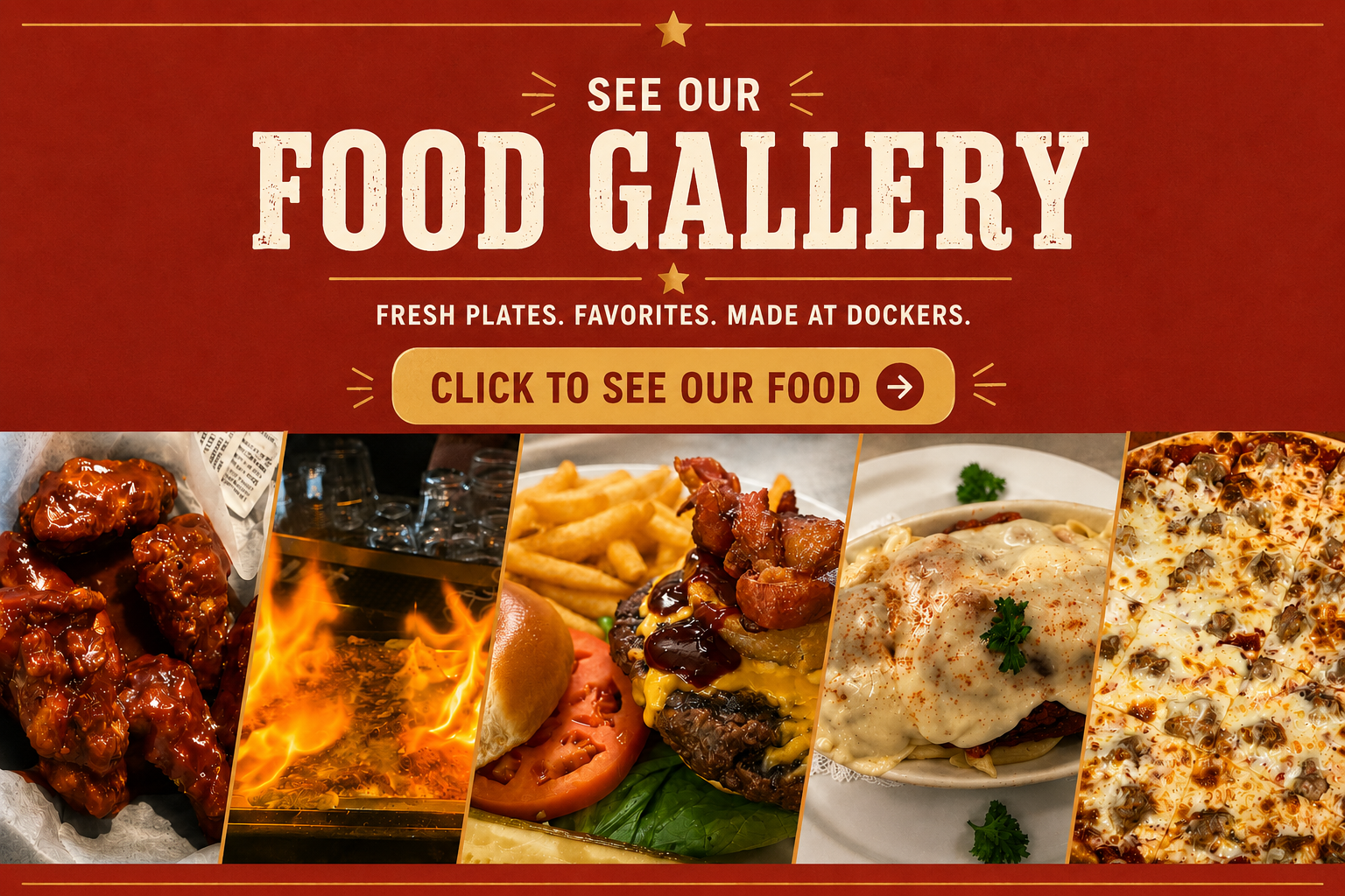 Promotional image for a food gallery featuring dishes such as chicken wings, a burger with fries, a bacon cheeseburger, a baked pasta dish, and a pizza. The background is red and gold with an inviting call to action button.