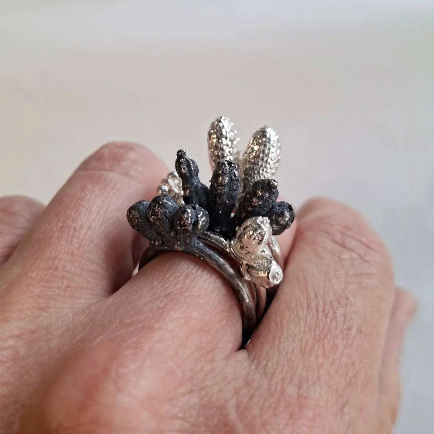 Lost vegetable/lost wax cast rings. 2014-2015.
Sterling silver. 

Each one cast from an actual piece of plant attached to a wax ring shank and then burnt out and cast (by me) in sterling silver. Each one is an individual. Though batches tended to use