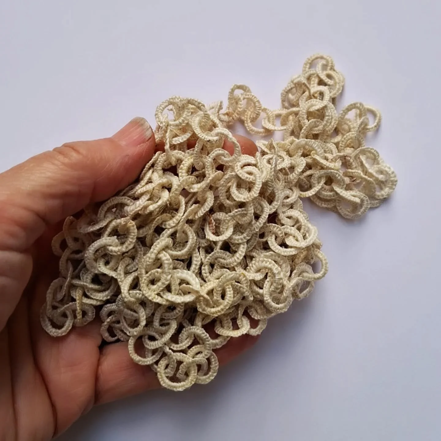 Whakamaumahara. 
Muka.
2026

I made this, and another companion piece, as a commemorative work.
One of the reference points I looked at were Victorian horse hair mourning chains.
(Horse hair is surprisingly springy and tough as a material- so these c