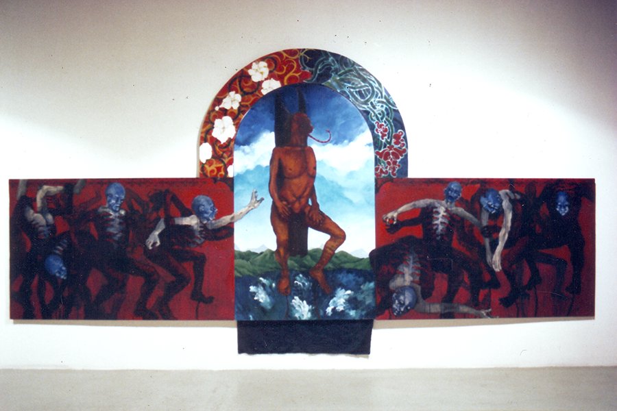 The parade of the crabs - fabric, oil stick, acrylic paint and ink on board - 216" x 120" - 2004