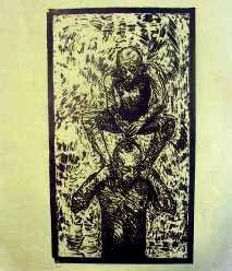 Shit on our heads - woodblock print - 18" x 18" - 2003