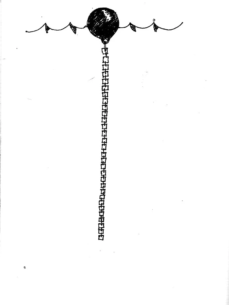 Sketch for installation - Depth/Breath - 32 stenciled images on 3" x 3" glass panels attached in chain by metal hooks, suspended at the dock to island from buoy - 2007
