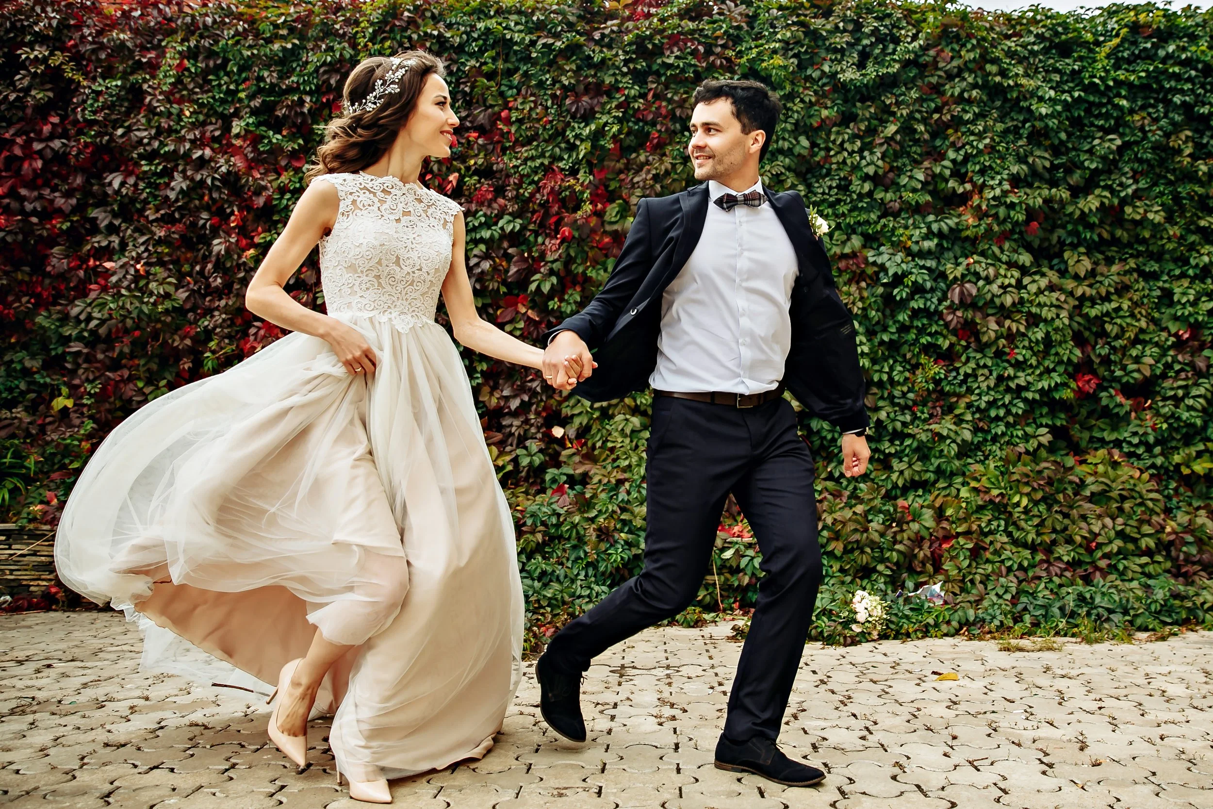 Bride and Groom Running in the Garden DS Wedding Photography
