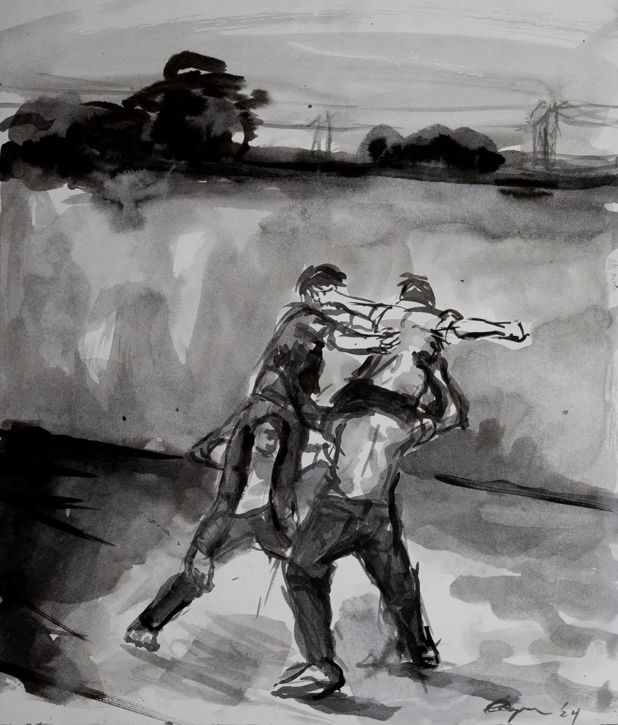 Streetfighters Study I, Ink wash, 16x14" 2024