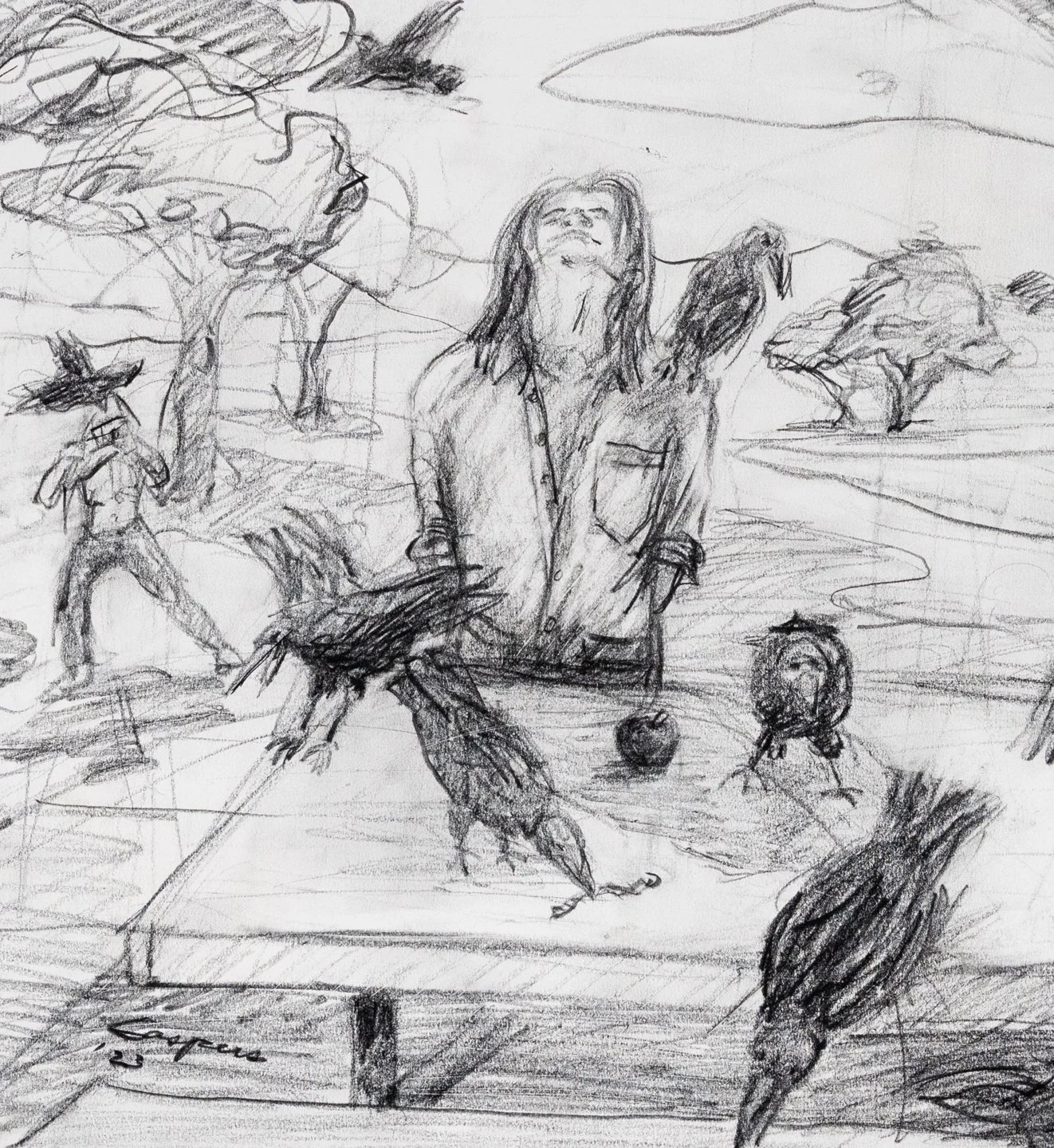 Crows Study II, Graphite, 12.5x11.5", 2023