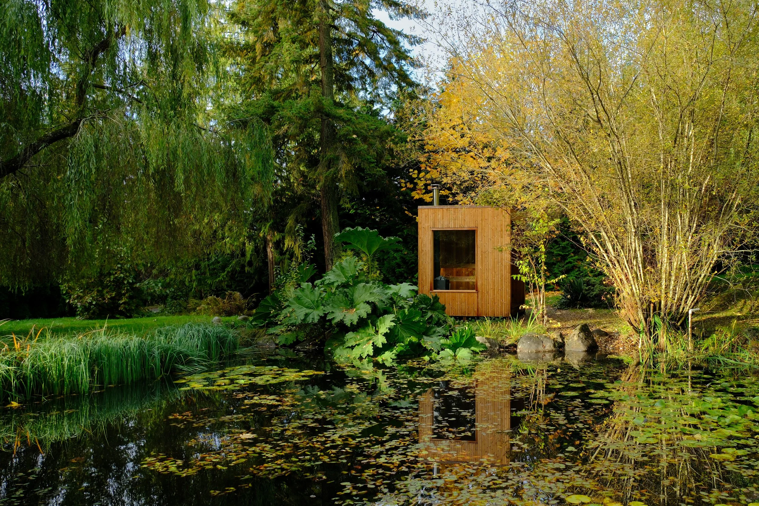 A small wooden tiny house with a chimney situated near a pond with floating lily pads, surrounded by lush green and yellow trees and plants.