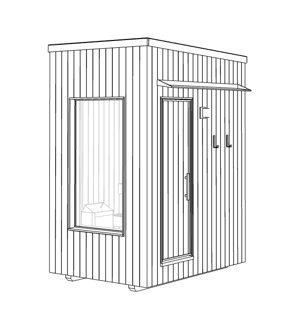 A line drawing of a small, rectangular, modern outdoor sauna with vertical paneling, a window, a door with a handle, and a small overhang roof.