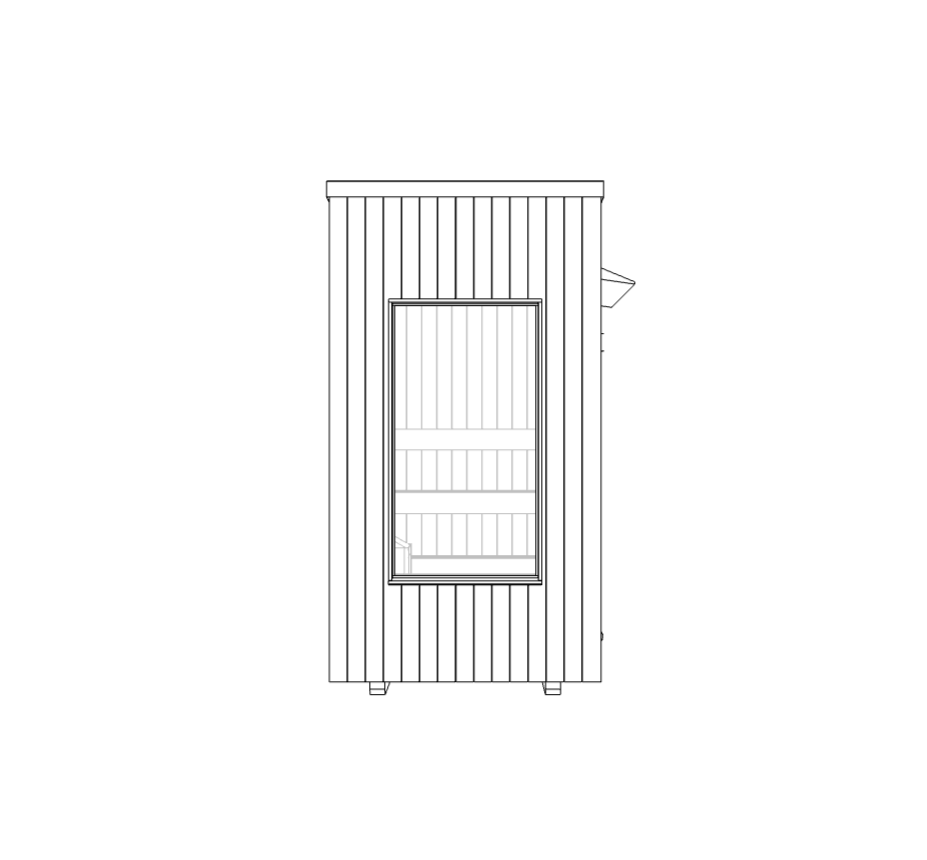 Line drawing of a small wooden sauna with a glass picture window and vertical wood panel siding.