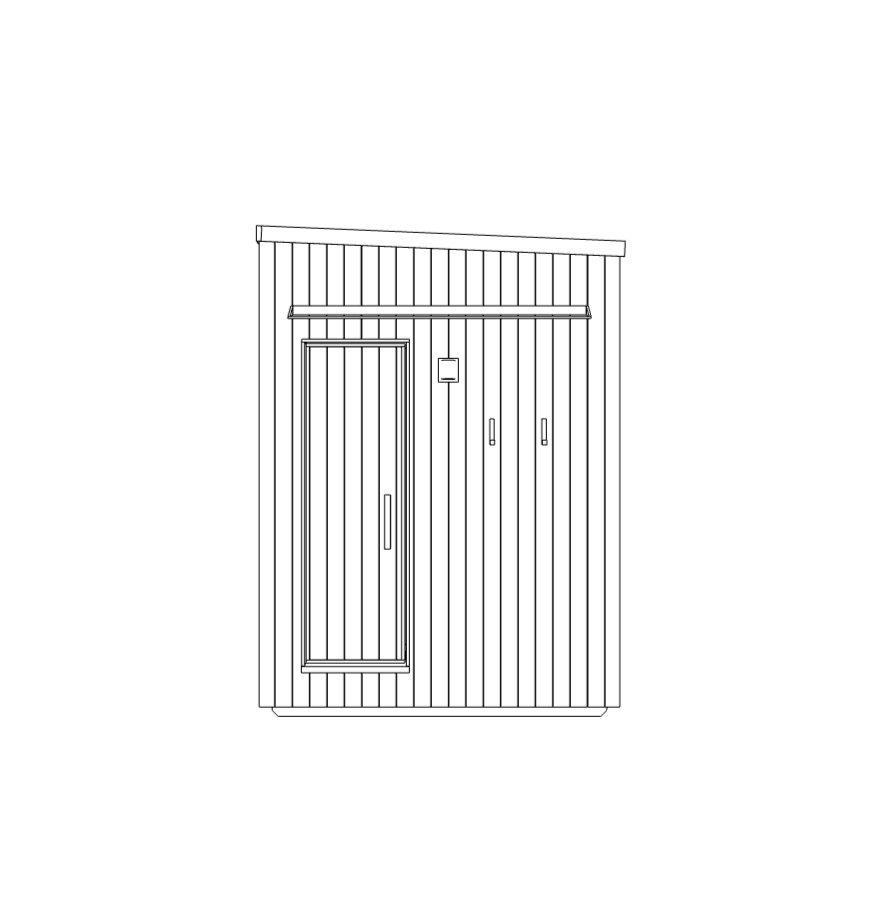 Line drawing of a wooden sauna with vertical siding, a front door with a window, and a slight slant roof.