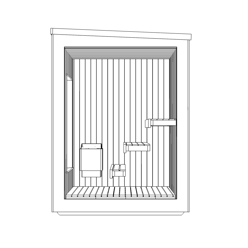 Line drawing of a sauna room with vertical wood paneling, four wooden benches on the right wall, a s heater on the left wall, and a wooden platform floor.